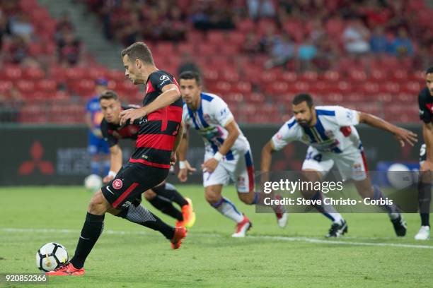 Oriol Riera of the Wanderers celebrates kicking a goal during the round one A-League match between the Western Sydney Wanderers and the Newcastle...