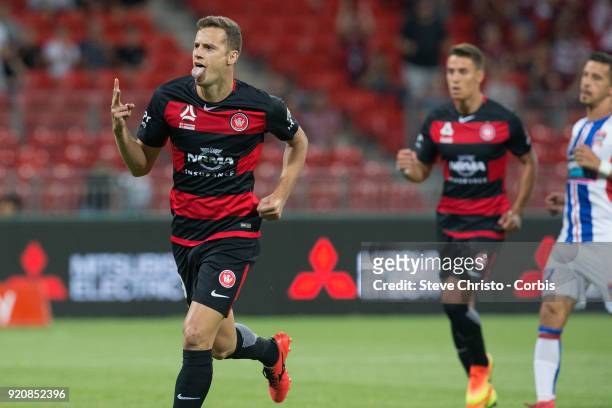 Oriol Riera of the Wanderers celebrates kicking a goal during the round one A-League match between the Western Sydney Wanderers and the Newcastle...