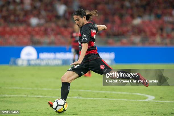 Raul Llorente of the Wanderers crosses the ball during the round one A-League match between the Western Sydney Wanderers and the Newcastle Jets at...