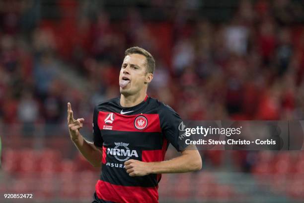 Oriol Riera of the Wanderers celebrates kicking a goal during the round one A-League match between the Western Sydney Wanderers and the Newcastle...