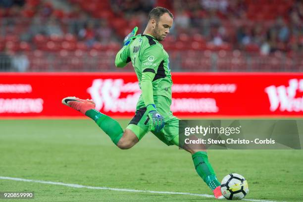 Jack Duncan of the Jets takes a goal kick during the round one A-League match between the Western Sydney Wanderers and the Newcastle Jets at Spotless...