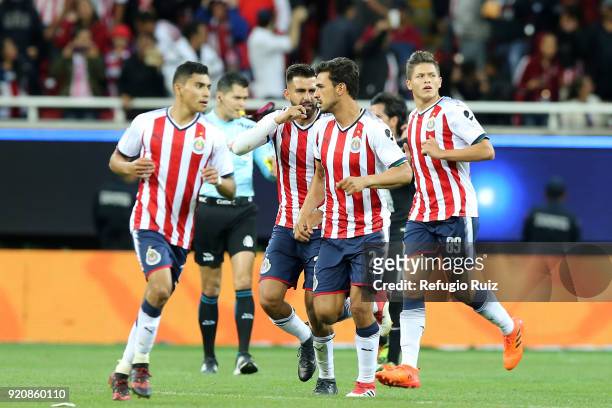 Oswaldo Alanis of Chivas celebrates after scoring the first goal of his team during the 8th round match between Chivas and Pachuca as part of the...