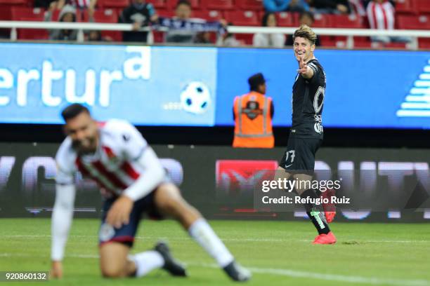 Angelo Sagal of Pachuca celebrates after scoring the first goal of his team during the 8th round match between Chivas and Pachuca as part of the...