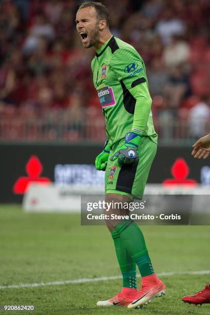 Jack Duncan of the Jets yells at teammates after a close call with Wanderers Josh Risdon during the round one A-League match between the Western...