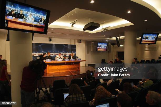 Sir Alex Ferguson of Manchester United speaks during a press conference ahead of their UEFA Champions League match against CSKA Moscow at Luzhniki...