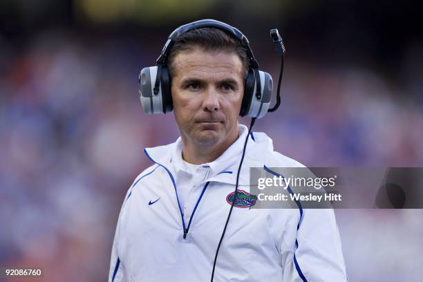 Head Coach Urban Meyer of the Florida Gators on the sidelines during a game against the Arkansas Razorbacks at Ben Hill Griffin Stadium on October...