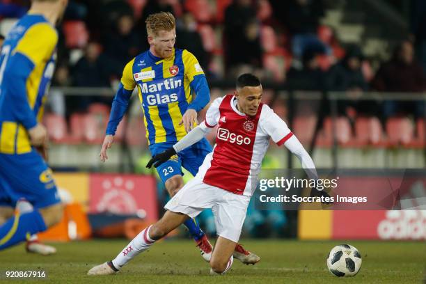 Richard van der Venne of FC Oss, Noussair Mazraoui of Ajax U23 during the Dutch Jupiler League match between Ajax U23 v FC Oss at the De Toekomst on...