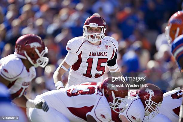 Ryan Mallett of the Arkansas Razorbacks calls out a play at the line of scrimmage during a game against the Florida Gators at Ben Hill Griffin...