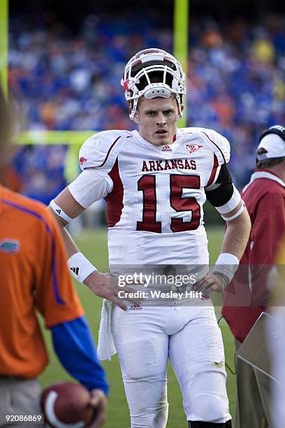 Ryan Mallett of the Arkansas Razorbacks on the sidelines during a game against the Florida Gators at Ben Hill Griffin Stadium on October 17, 2009 in...