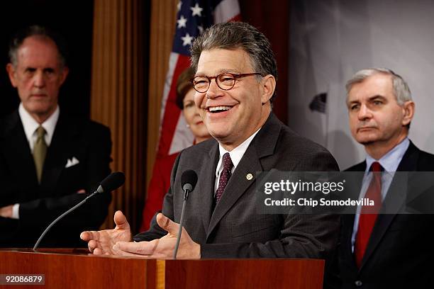 Sen. Al Franken delivers remarks during a news conference about extending unemployment benefits with Sen. Ted Kaufman and Sen. Jack Reed at the U.S....