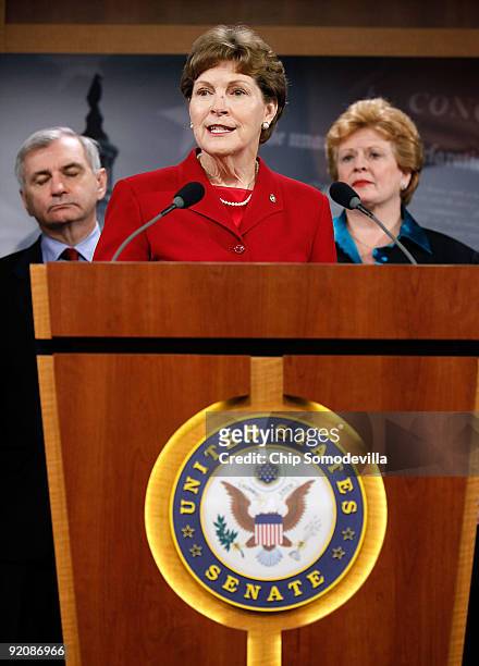 Senator Jeanne Shaheen delivers remarks about legislation she and Sen. Jack Reed introduced that would extending unemployment benefits during a news...