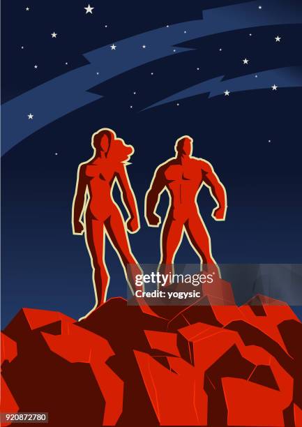 illustrations, cliparts, dessins animés et icônes de illustration vectorielle propagande rétro superhero couple - propagande