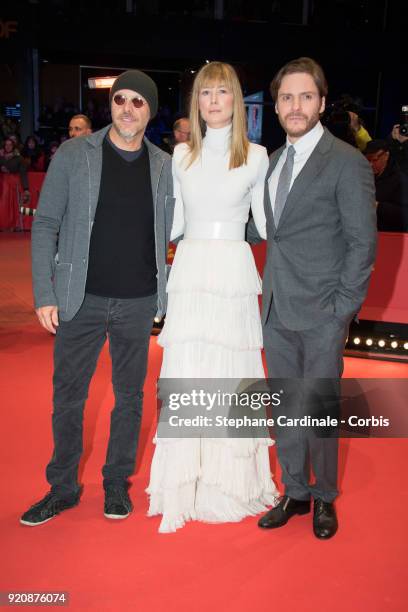 Jose Padilha, Rosamund Pike and Daniel Bruehl attend the '7 Days in Entebbe' premiere during the 68th Berlinale International Film Festival Berlin at...