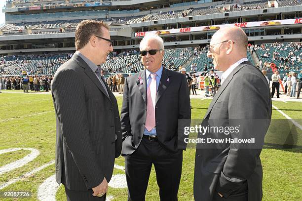 Owner Jeffrey Lurie of the Philadelphia Eagles talks before the game against the Tampa Bay Buccaneers on October 11, 2009 at Lincoln Financial Field...