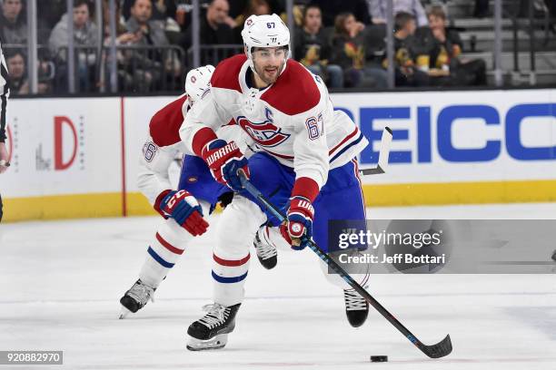 Max Pacioretty of the Montreal Canadiens skates with the puck against the Vegas Golden Knights during the game at T-Mobile Arena on February 17, 2018...