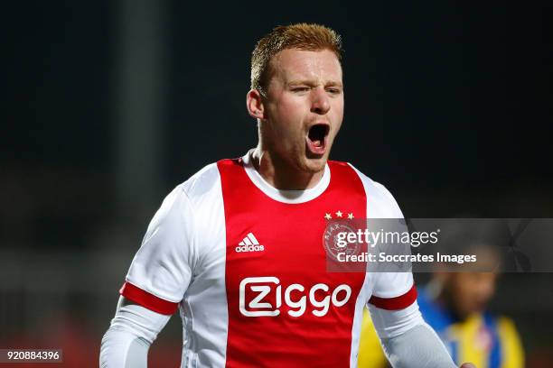 Dani de Wit of Ajax U23 celebrates 2-0 during the Dutch Jupiler League match between Ajax U23 v FC Oss at the De Toekomst on February 19, 2018 in...