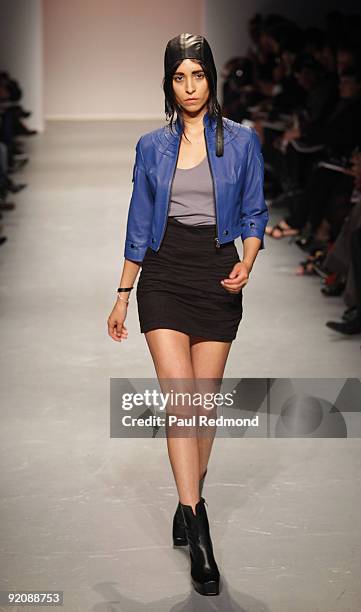 Model wears Skingraft during the Downtown LA Fashion Week Spring 2010 Louver Runway show at The Geffen Contemporary at MOCA on October 13, 2009 in...