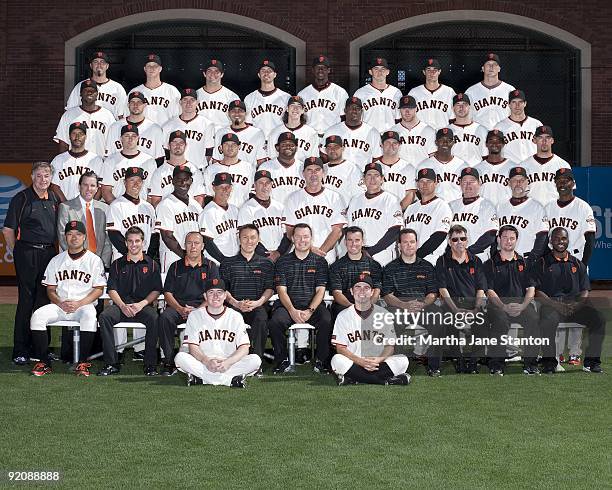 The San Francisco Giants pose for their 2009 team photo on August 26, 2009 at AT&T Park in San Francisco, California. Back Row: Jeremy Affeldt, Matt...