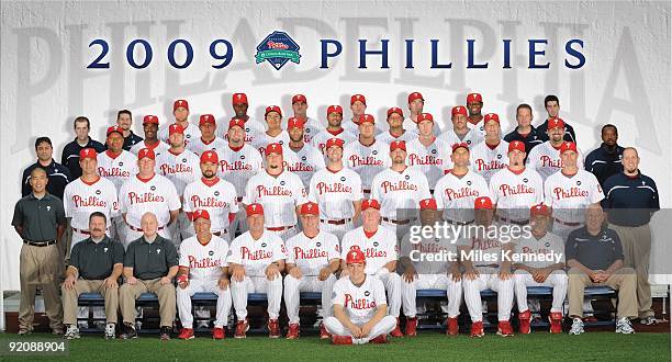 The Philadelphia Phillies pose for their 2009 team photo at Citizens Bank Park in Philadelphia, Pennsylvania on July 8, 2009. BACK ROW: Joe Swanhart,...