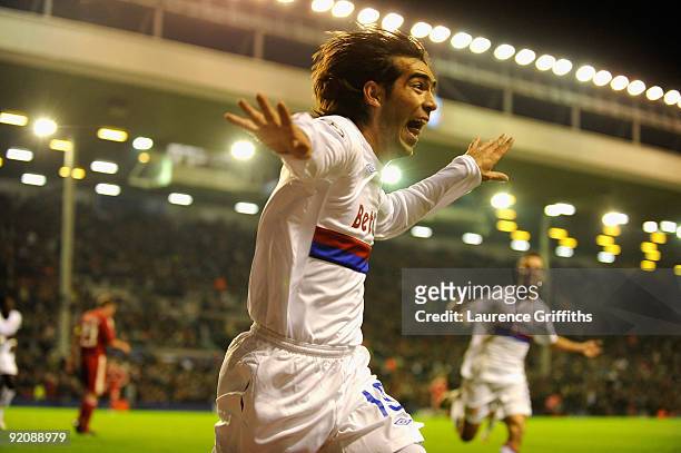 Cesar Delgado of Lyon celebrates scoring the winning goal during the UEFA Champions League Group E match between Liverpool and Lyon at Anfield on...