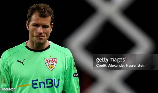 Jens Lehmann, keeper of Stuttgart looks dejected after losing the UEFA Champions League Group G match between VfB Stuttgart and Sevilla FC at the...