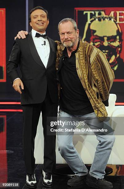 Presenter Piero Chiambretti and director Terry Gilliam attend 'Chiambretti Night' Italian Tv Show held at Mediaset Studios on October 20, 2009 in...