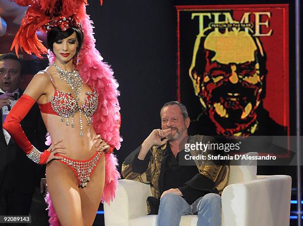 Nora Mogalle and director Terry Gilliam attend 'Chiambretti Night' Italian Tv Show held at Mediaset Studios on October 20, 2009 in Milan, Italy.