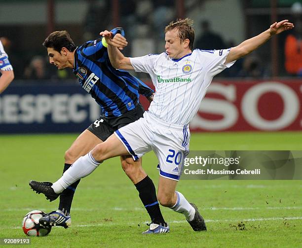 Javier Zanetti of FC Inter Milan battles for the ball againstOleh Gusev of FC Dynamo Kyiv during the UEFA Champions League matchday 3 Group F match...