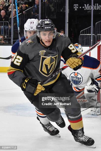 Tomas Nosek of the Vegas Golden Knights and Oscar Klefbom of the Edmonton Oilers skate to the puck during the game at T-Mobile Arena on February 15,...