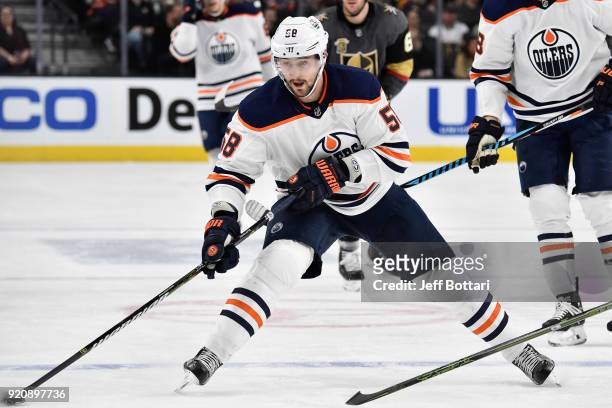 Anton Slepyshev of the Edmonton Oilers skates with the puck against the Vegas Golden Knights during the game at T-Mobile Arena on February 15, 2018...