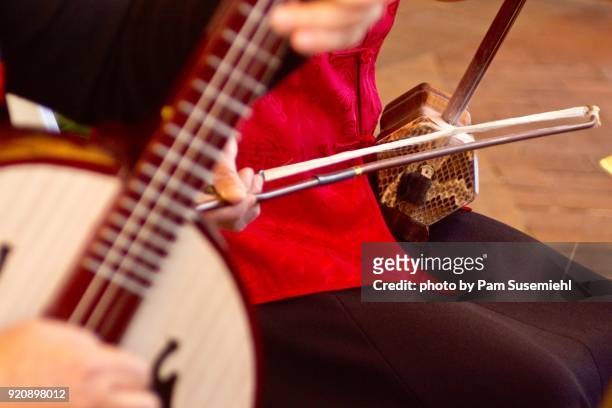 close-up of hands playing traditional chinese musical instruments - 2018 chinese new year stock-fotos und bilder