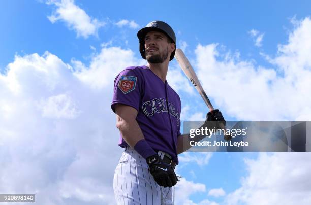 Colorado Rockies left fielder David Dahl prepares for batting practice during the teams workout on February 19, 2018 at Salt River Fields at Talking...