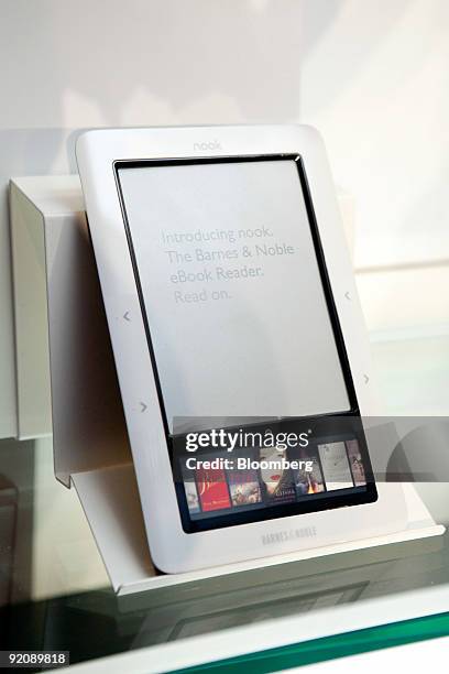 Barnes & Noble Inc.'s new electronic-book reader called the The Nook sits on display at a news conference in New York, U.S., on Tuesday, Oct. 20,...