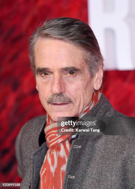 Jeremy Irons attends the European Premiere of 'Red Sparrow' at the Vue West End on February 19, 2018 in London, England.