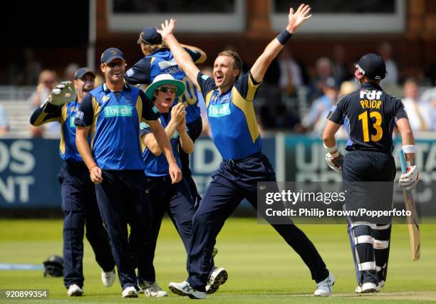 Dominic Cork of Hampshire celebrates the wicket of Sussex batsman Matt Prior during the Friends Provident Trophy Final between Hampshire and Sussex...