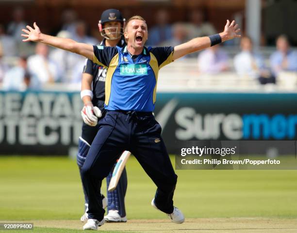 Dominic Cork of Hampshire appeals unsuccessfully for the wicket of Sussex batsman Matt Prior during the Friends Provident Trophy Final between...