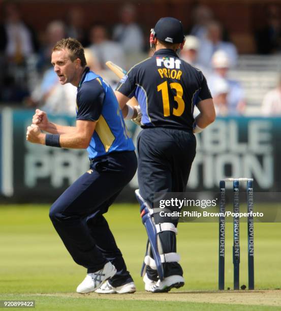 Dominic Cork of Hampshire celebrates the wicket of Sussex batsman Matt Prior during the Friends Provident Trophy Final between Hampshire and Sussex...