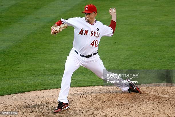 Brian Fuentes of the Los Angeles Angels of Anaheim pitches against the New York Yankees during the ninth inning in Game Three of the ALCS during the...