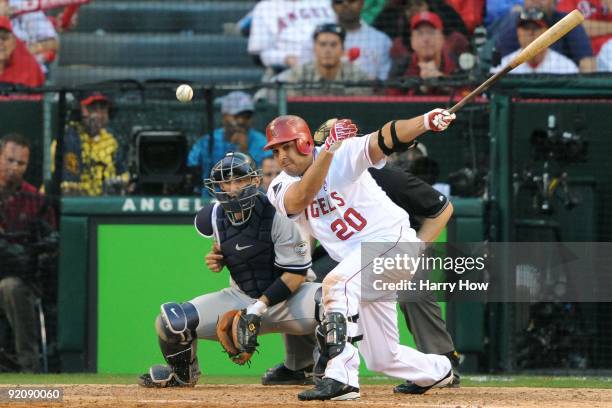 Juan Rivera of the Los Angeles Angels of Anaheim at bat against the New York Yankees in Game Three of the ALCS during the 2009 MLB Playoffs at Angel...