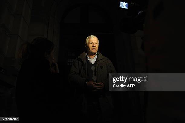 Andre Bamberski , father of Kalinka Bamberski, who died mysteriously in 1982, and his lawyer, answers journalists in front of the Mulhouse court...