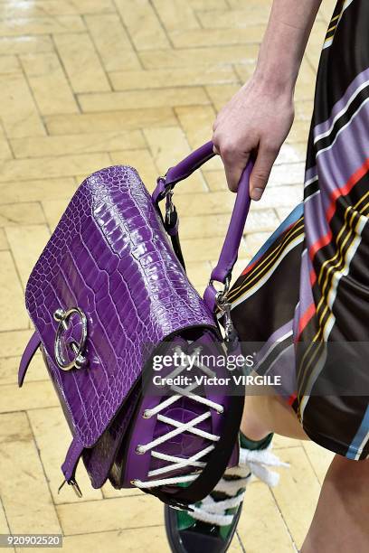 Model walks the runway at the JW Anderson Ready to Wear Fall/Winter 2018-2019 fashion show during London Fashion Week February 2018 on February 17,...