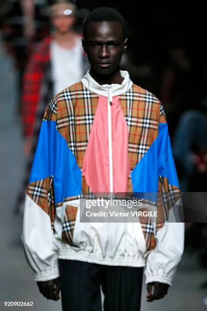 Model walks the runway at the Burberry Ready to Wear Fall/Winter 2018-2019 fashion show during London Fashion Week February 2018 on February 17, 2018...