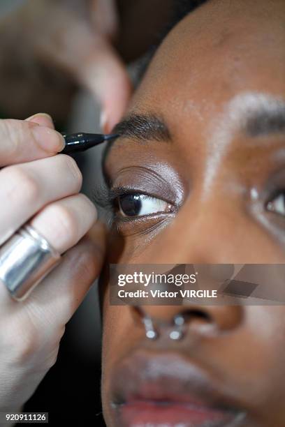 Model backstage at the Jasper Conran Ready to Wear Fall/Winter 2018-2019 fashion show during London Fashion Week February 2018 on February 17, 2018...