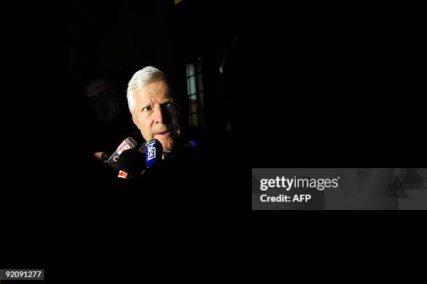 Andre Bamberski , father of Kalinka Bamberski, who died mysteriously in 1982, and his lawyer, answers journalists in front of the Mulhouse court...