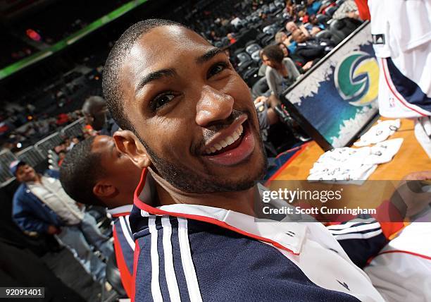 Al Horford of the Atlanta Hawks smiles during the preseason game against the Washington Wizards on October 19, 2009 at Philips Arena in Atlanta,...