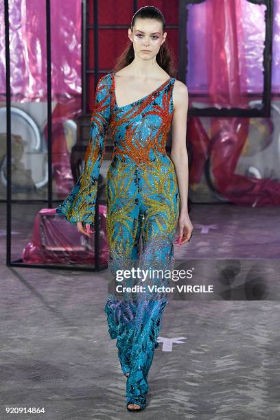 Model walks the runway at the Halpern Ready to Wear Fall/Winter 2018-2019 fashion show during London Fashion Week February 2018 on February 17, 2018...