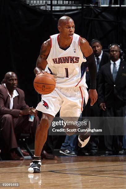 Maurice Evans of the Atlanta Hawks drives the ball upcourt against the Washington Wizards during the preseason game on October 19, 2009 at Philips...