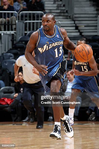 Mike James of the Washington Wizards brings the ball upcourt against the Atlanta Hawks during the preseason game on October 19, 2009 at Philips Arena...