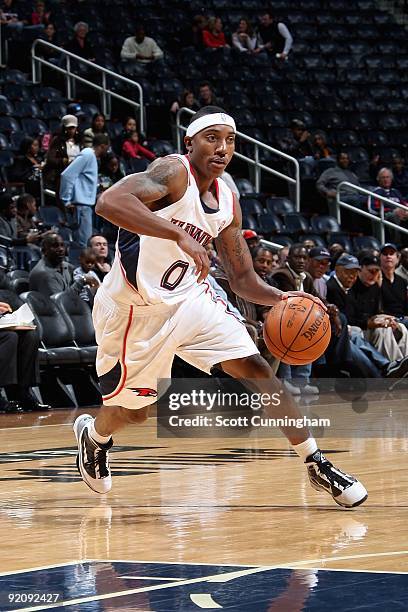 Jeff Teague of the Atlanta Hawks drives against the Washington Wizards during the preseason game on October 19, 2009 at Philips Arena in Atlanta,...