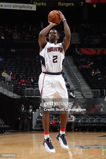 Joe Johnson of the Atlanta Hawks shoots against the Washington Wizards during the preseason game on October 19, 2009 at Philips Arena in Atlanta,...